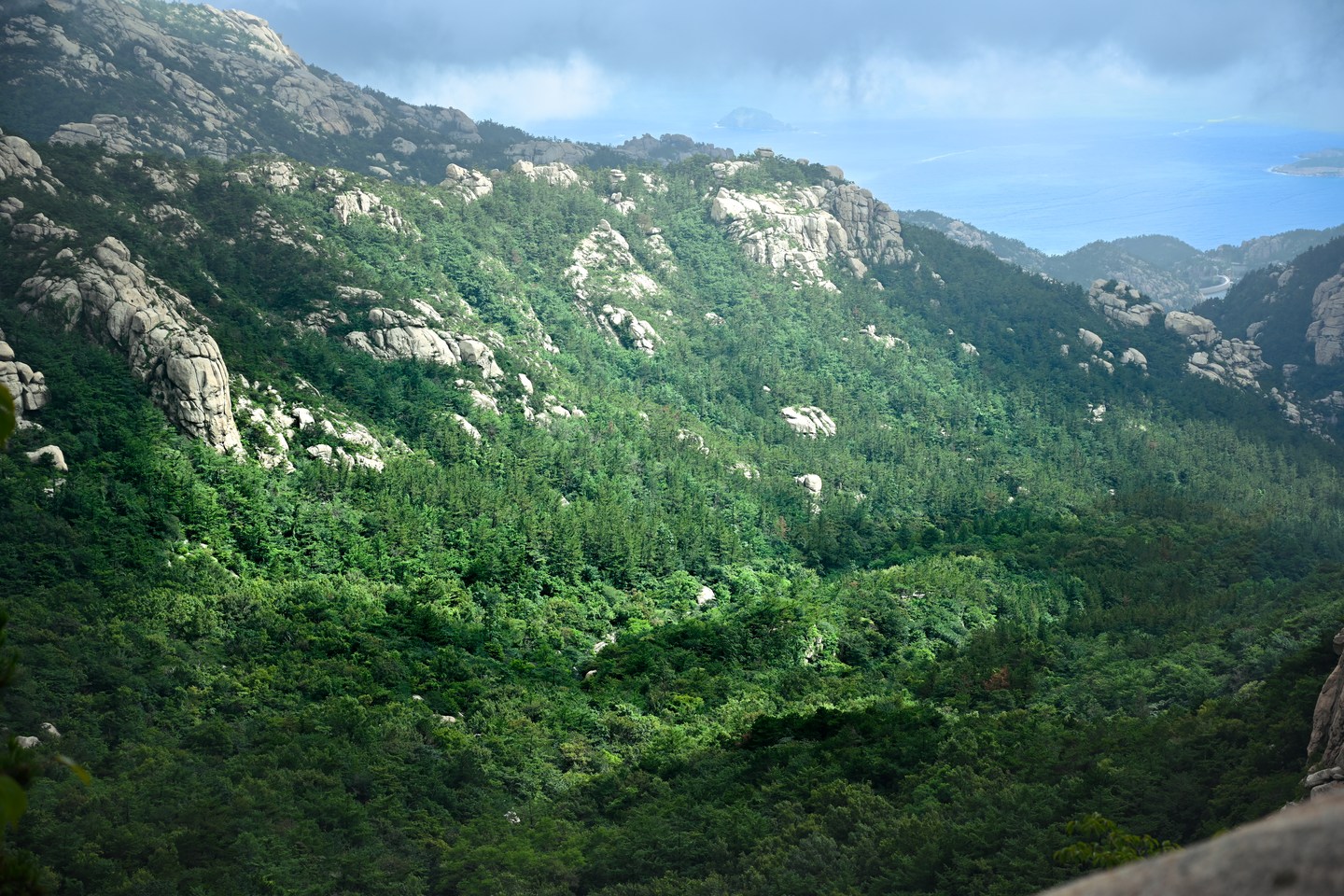 Green slopes and granite peaks beneath a blue sky in Laoshan, Qingdao