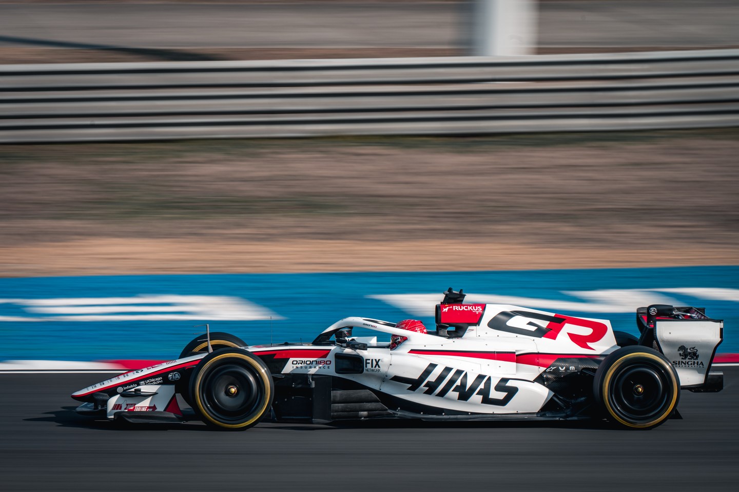 Haas Formula 1 car on the circuit in Shanghai