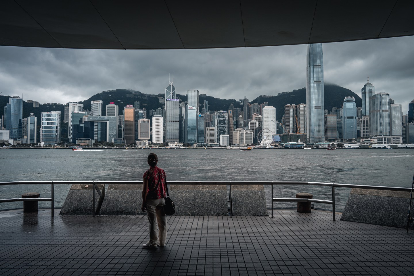 A figure looking across Victoria Harbour towards the Hong Kong skyline
