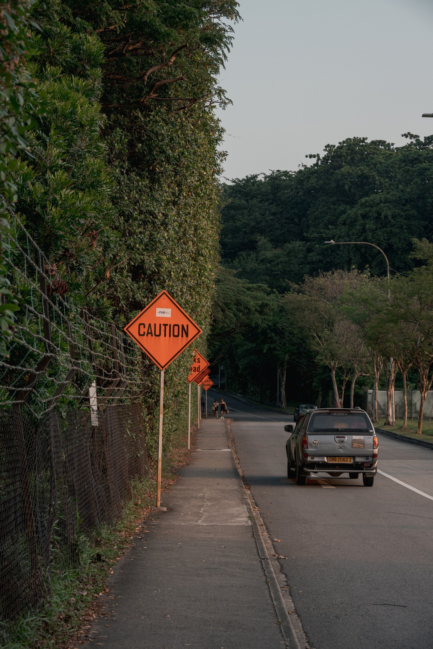 A vehicle on a narrow road through tropical greenery