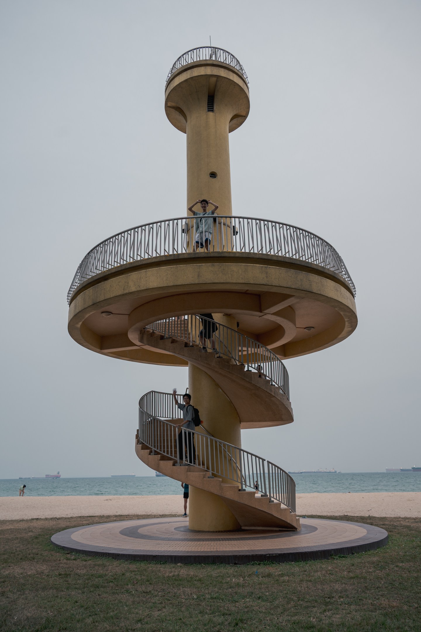 A spiral staircase wrapped around a coastal lookout tower